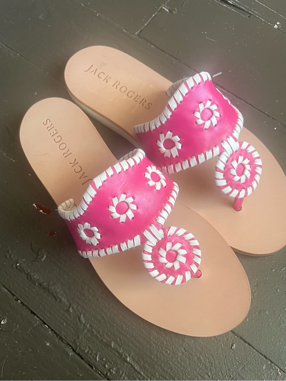 Jack Rogers Boating Jacks Pink Leather Whipstitch Thong Sandals - Picture 5 of 5